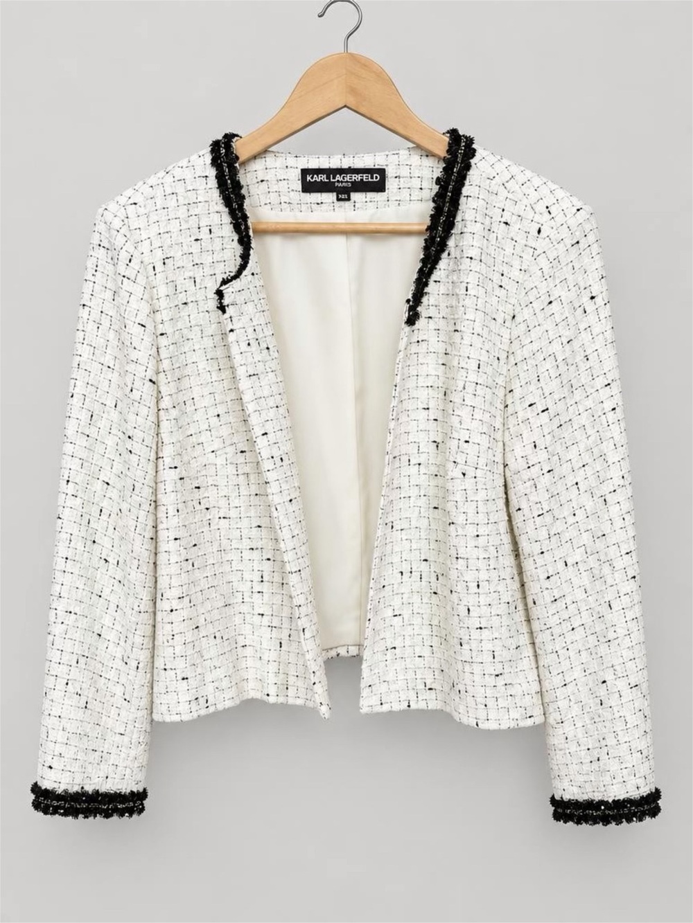 Karl Lagerfeld Paris XL Ivory Tweed Jacket Black Fringe Trim